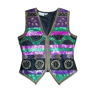 Vintage All-Over Sequins & Beaded Laurence Kazar Vest 100% Silk M